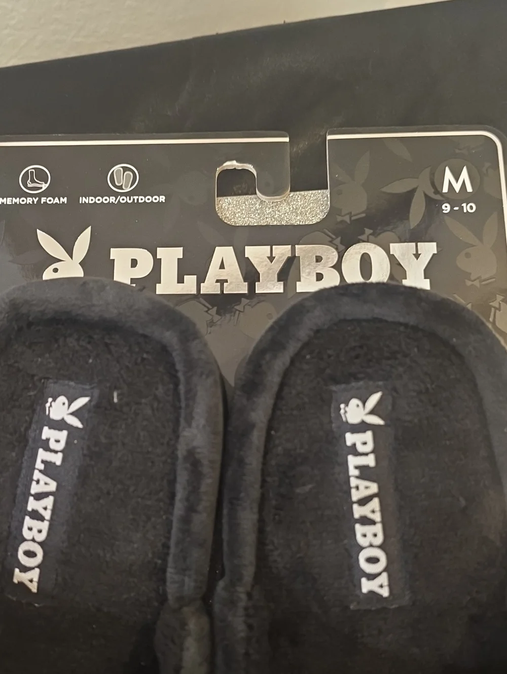 Playboy Metallic Bunny Logo Indoor/Outdoor Memory Foam Slide Slippers- Black